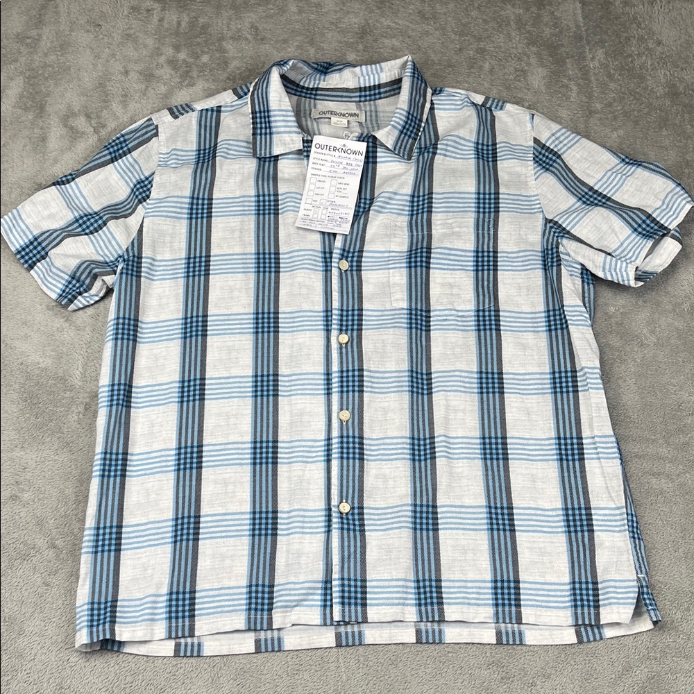 NEW Outerknown M 100% Organic Cotton BBQ‎ Blue and White Plaid Button Down Shirt